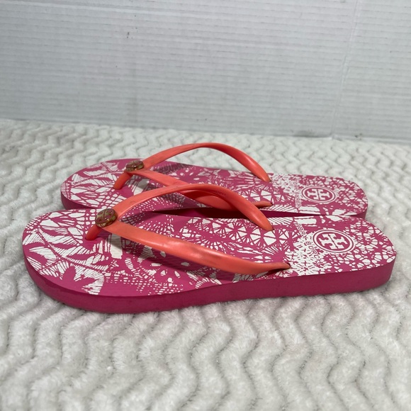 Tory Burch Women’s Size 6.5M Pink Floral Rubber Beach Flip Flop EUC - Picture 4 of 11